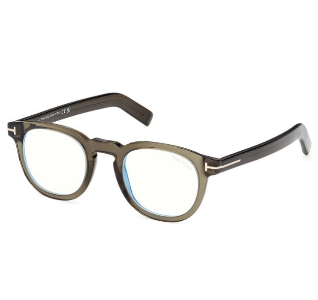 Tom Ford FT5629-B 096 shiny dark green acetate designer prescription glasses with signature T temple detail