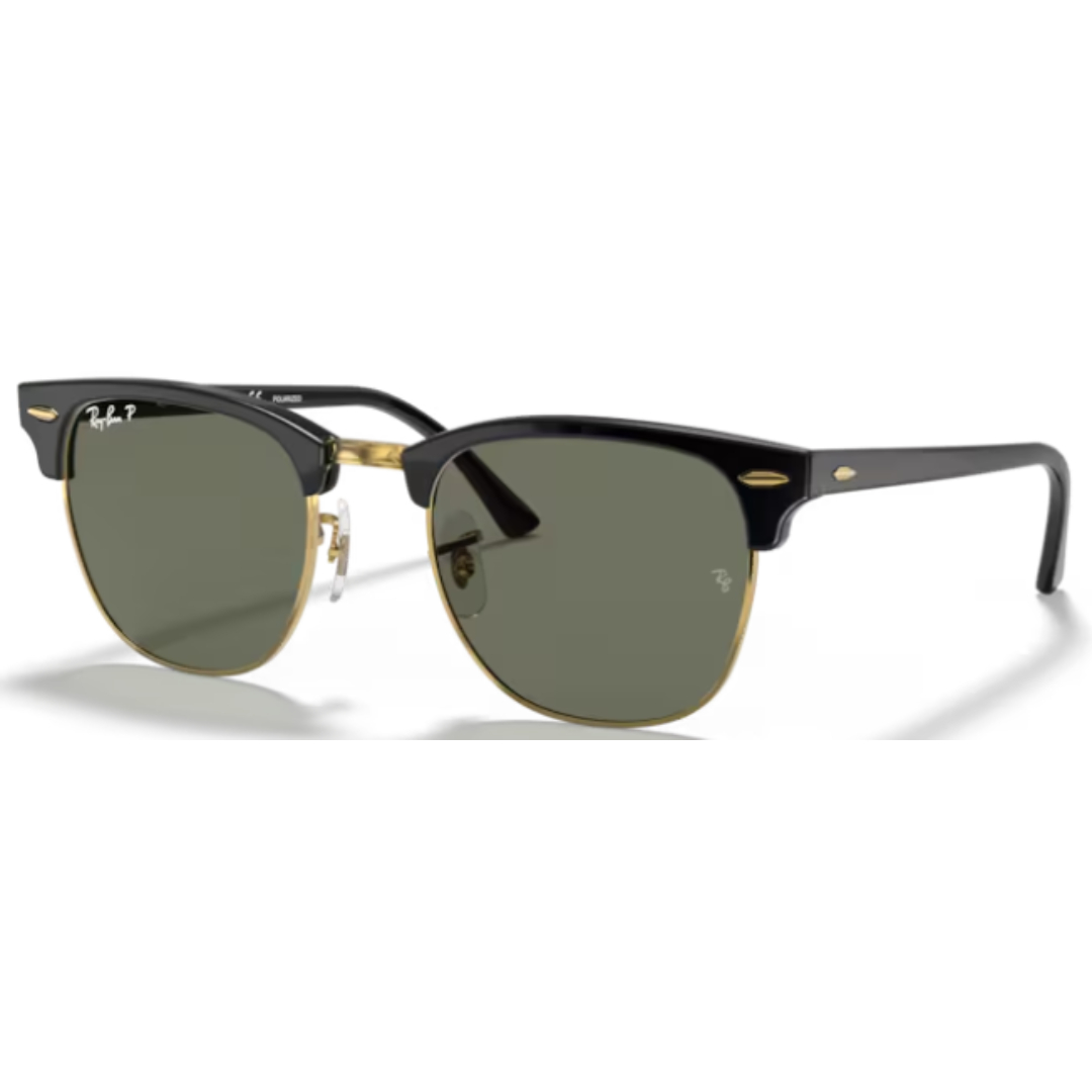 Ray Ban Clubmaster RB 3016 901/58 Black on Gold / Green Polarized Sunglasses